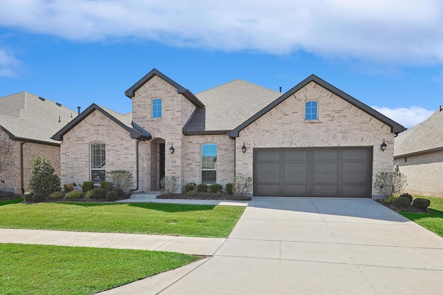 french provincial home featuring a garage and a front lawn