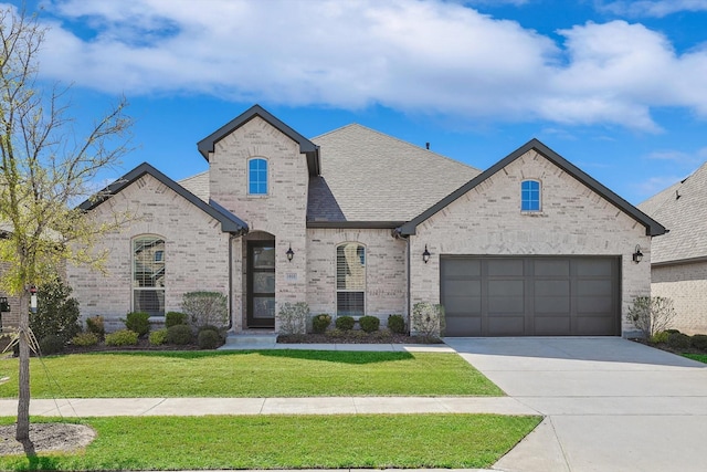 french country style house with a front lawn and a garage