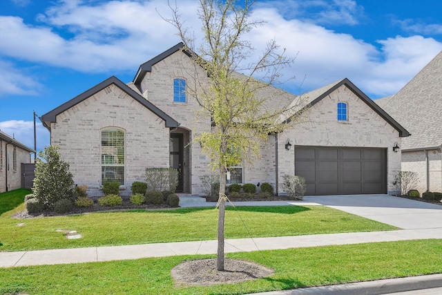 french country style house with a front yard and a garage