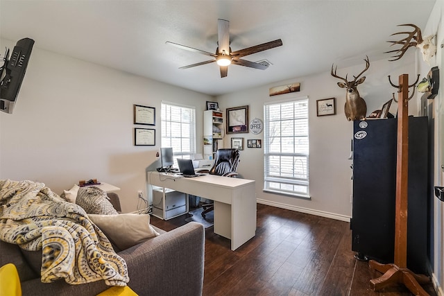 home office with ceiling fan and dark hardwood / wood-style floors