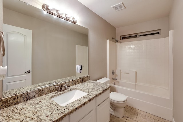 bathroom with visible vents, shower / bathing tub combination, vanity, and toilet