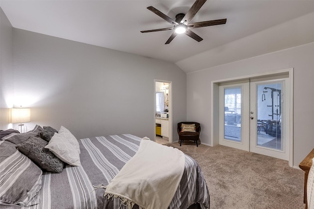 bedroom featuring ensuite bathroom, french doors, carpet flooring, ceiling fan, and access to exterior