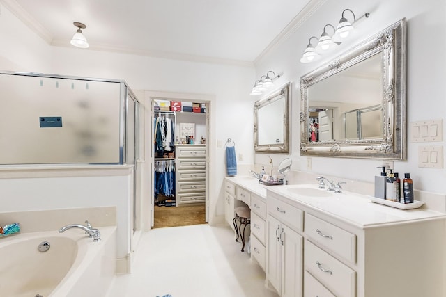 bathroom featuring shower with separate bathtub, vanity, and ornamental molding