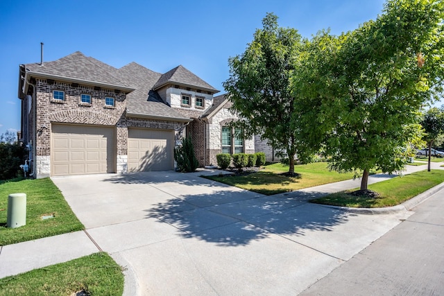 view of front of property with a front lawn and a garage