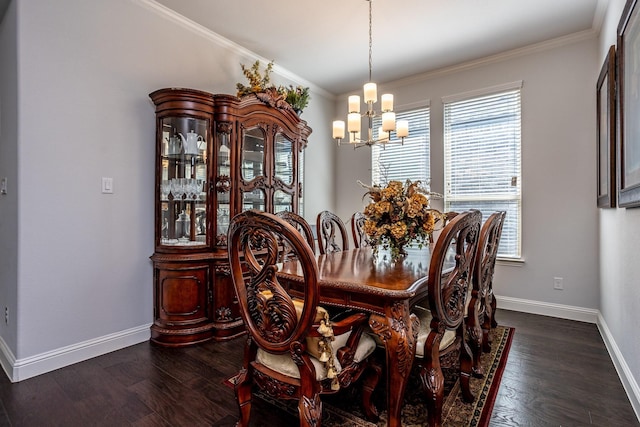 dining space with ornamental molding, a notable chandelier, and dark hardwood / wood-style floors