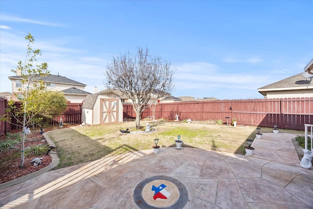 view of yard featuring a patio and a shed