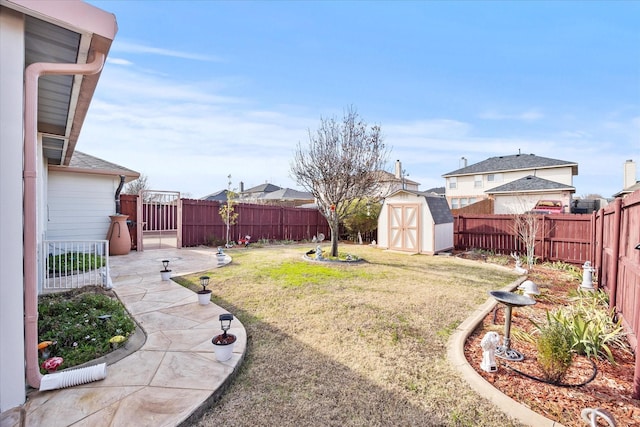 view of yard with a patio area and a storage unit