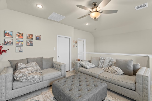 living room featuring lofted ceiling and ceiling fan