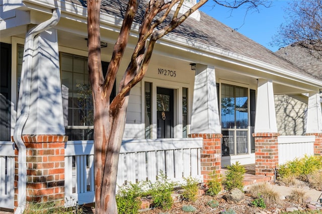 view of exterior entry with a porch