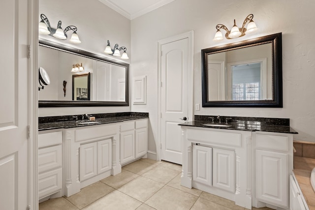 bathroom with separate shower and tub, vanity, tile patterned flooring, and crown molding