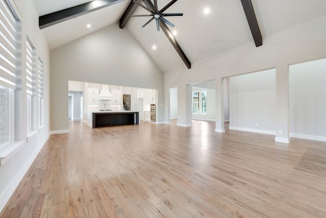 unfurnished living room featuring high vaulted ceiling, ceiling fan, light hardwood / wood-style floors, and beam ceiling