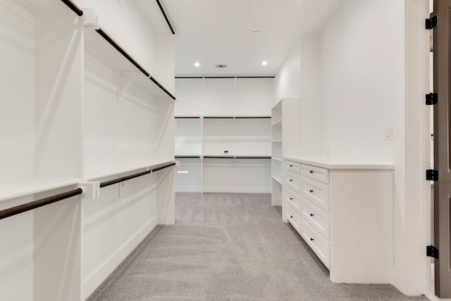 walk in closet with light carpet