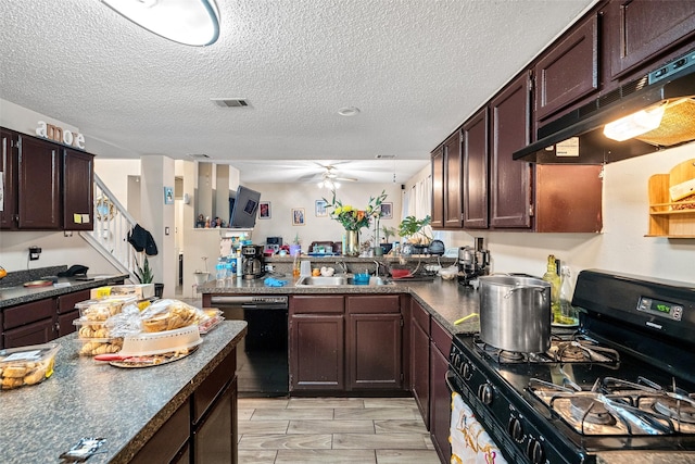 kitchen with black appliances, kitchen peninsula, ceiling fan, a textured ceiling, and sink