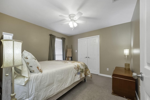 bedroom featuring a closet, ceiling fan, and carpet floors