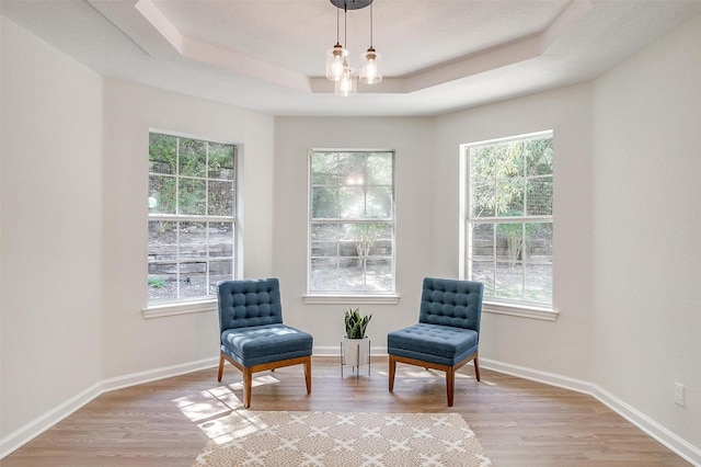 sitting room featuring a raised ceiling, light hardwood / wood-style floors, and a chandelier