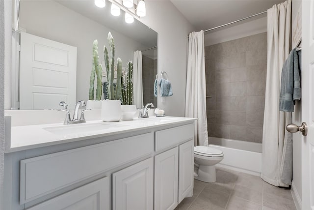 full bathroom with toilet, tile patterned flooring, shower / tub combo, and vanity