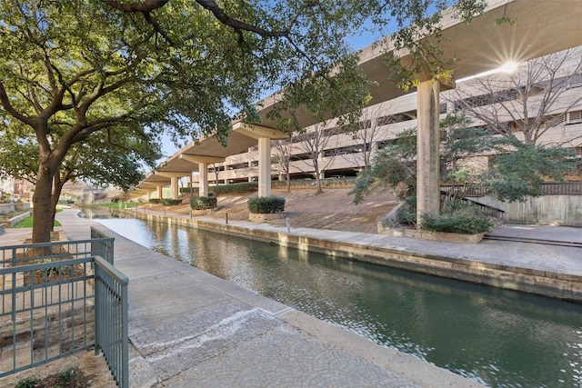 exterior space with a water view