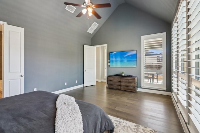 bedroom featuring high vaulted ceiling, wood finished floors, a ceiling fan, visible vents, and baseboards