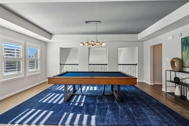 rec room with an inviting chandelier, billiards, baseboards, and wood finished floors