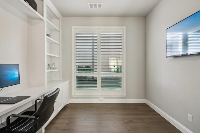 unfurnished office with baseboards, visible vents, dark wood-type flooring, and built in study area