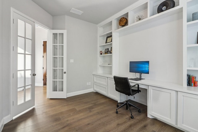 home office with dark wood-style floors, french doors, visible vents, and built in desk