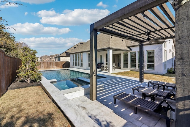 view of swimming pool with a fenced in pool, outdoor dining area, a patio area, a pergola, and a fenced backyard