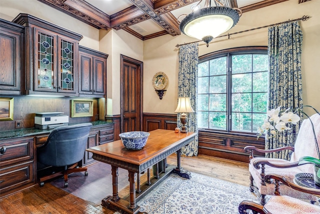 home office with beamed ceiling, dark wood-type flooring, crown molding, and coffered ceiling