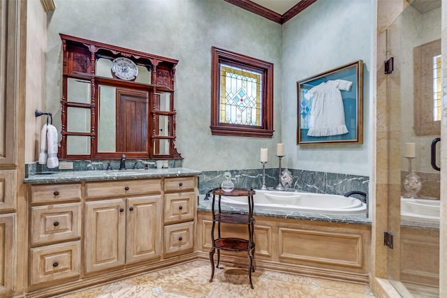 bathroom with crown molding, plus walk in shower, and vanity