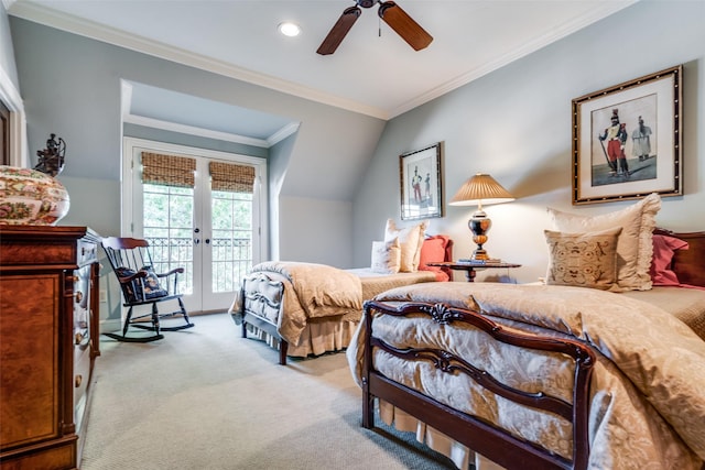 bedroom with light colored carpet, ceiling fan, french doors, access to exterior, and lofted ceiling