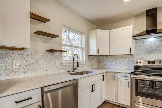 kitchen with stainless steel appliances, sink, white cabinetry, wall chimney exhaust hood, and decorative backsplash