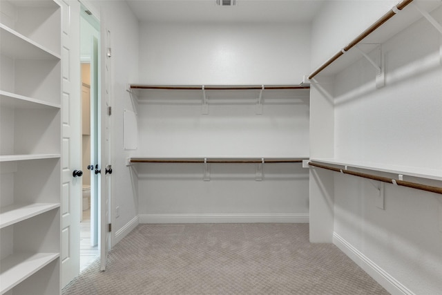 walk in closet with light colored carpet