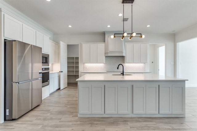 kitchen with appliances with stainless steel finishes, pendant lighting, white cabinets, and a center island with sink