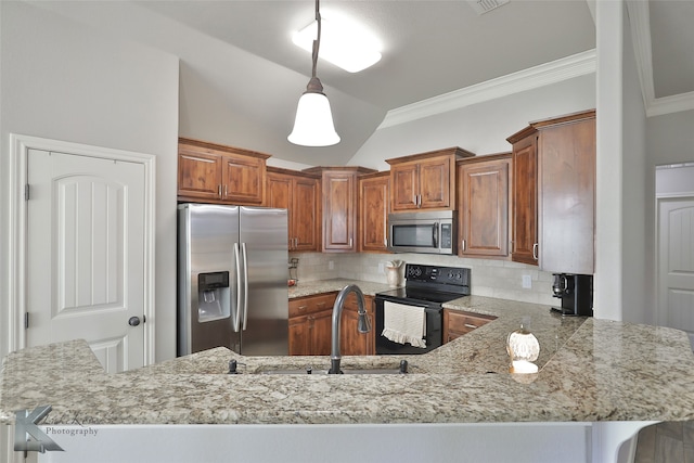 kitchen with kitchen peninsula, appliances with stainless steel finishes, crown molding, and decorative backsplash