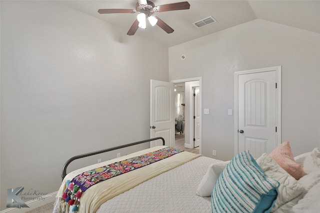 bedroom featuring high vaulted ceiling and ceiling fan