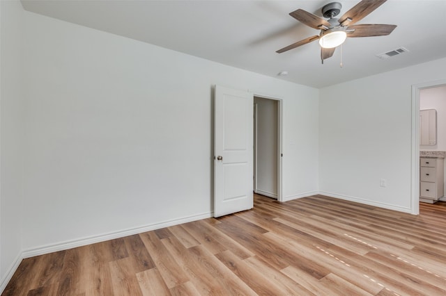 unfurnished bedroom featuring ceiling fan and light hardwood / wood-style flooring