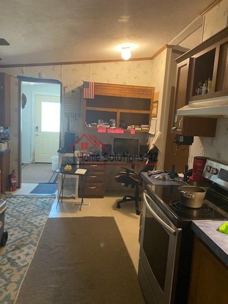 kitchen with electric range and crown molding