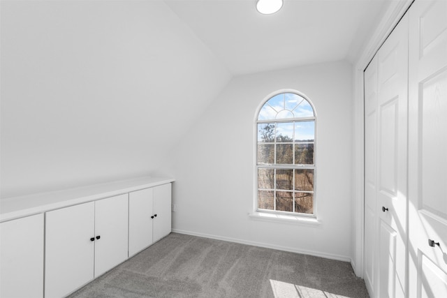 unfurnished bedroom featuring lofted ceiling, light colored carpet, and a closet