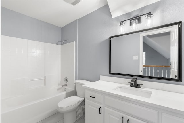 full bathroom featuring toilet, tile patterned flooring,  shower combination, and vanity