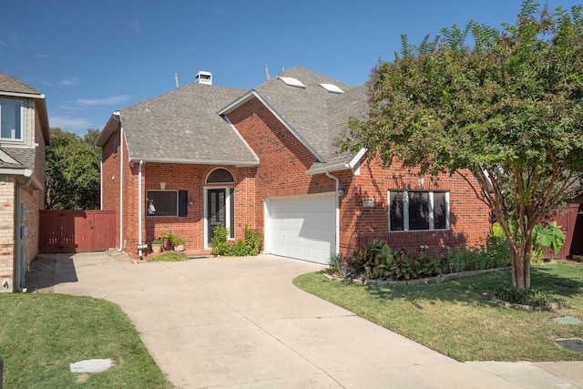 view of front of house with a garage and a front lawn