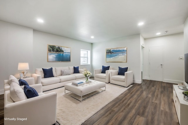 living room featuring dark wood-type flooring