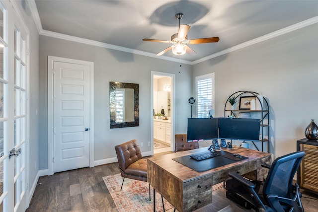 office space featuring ornamental molding, dark hardwood / wood-style flooring, french doors, and ceiling fan