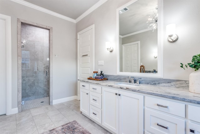 bathroom featuring an enclosed shower, vanity, tile patterned flooring, and crown molding