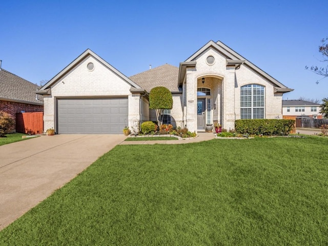 view of front of home with a front yard and a garage