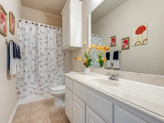 full bathroom with toilet, shower / tub combo, tile patterned floors, and vanity