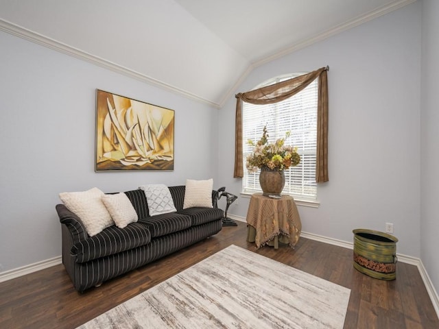 living room featuring vaulted ceiling, crown molding, and dark hardwood / wood-style flooring