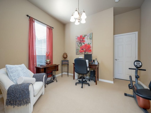 office area featuring a notable chandelier and carpet flooring