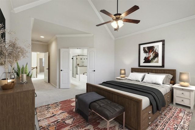 bedroom with ceiling fan, light colored carpet, ornamental molding, and lofted ceiling