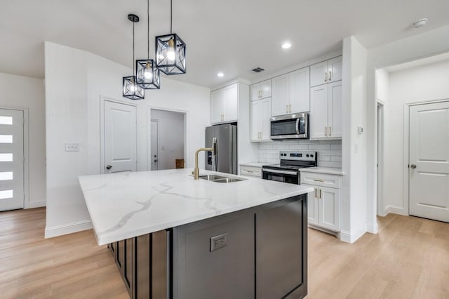 kitchen with white cabinets, appliances with stainless steel finishes, a center island with sink, and sink