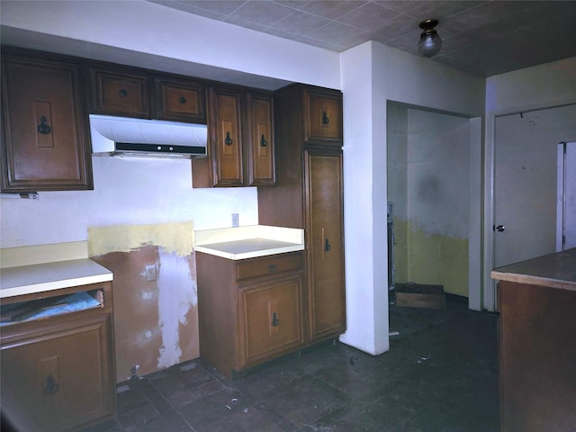 kitchen with dark brown cabinetry and ventilation hood