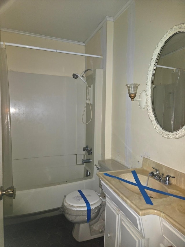 full bathroom featuring toilet, crown molding, shower / bathtub combination, vanity, and tile patterned flooring